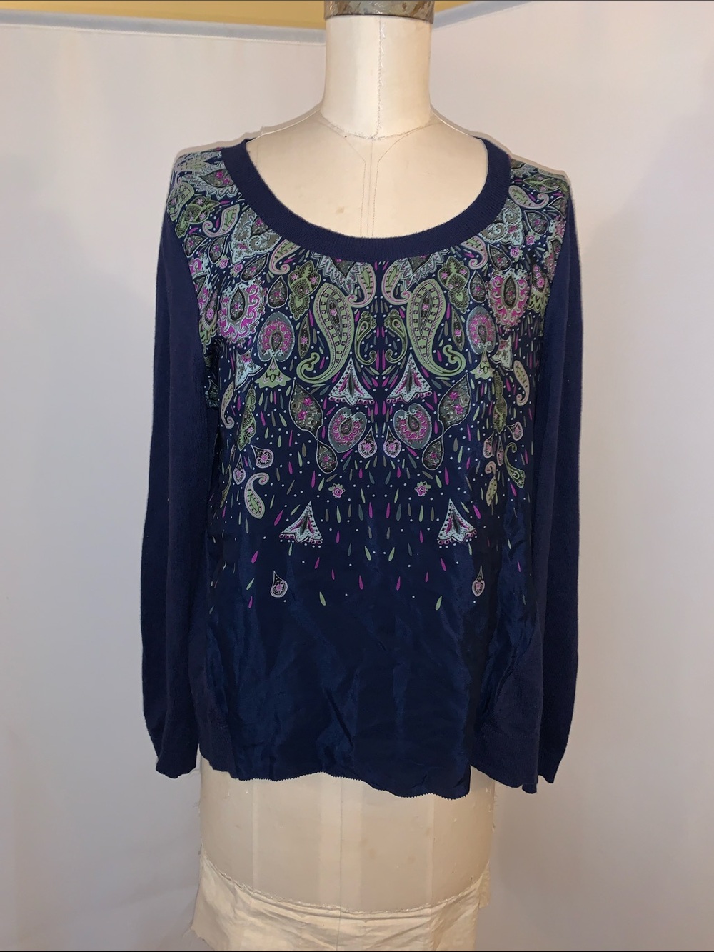 Anthropologie Moth silk front Navy Paisley pullover sweater top L